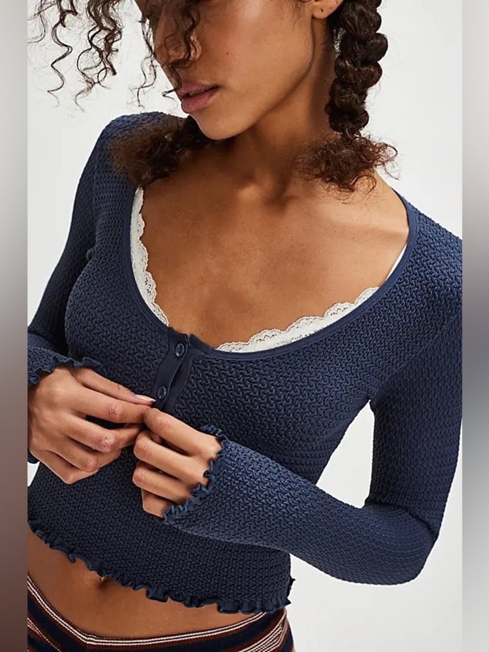 Free People Intimately Just Confirmed Henley Preppy Navy Stretch Top XS/S